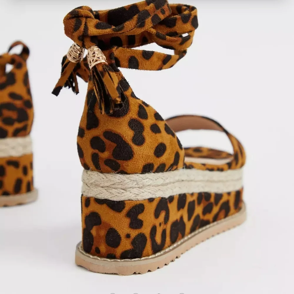 Leopard Print Espadrille Platform Sandals with Ankle Wrap